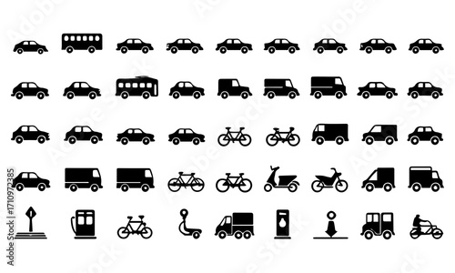 Transportation, vehicle icon set. Vector glyph pictograms of travel, logistics, public transit concepts, car, train, bus, bicycle, boat, and airplane black silhouette illustration.