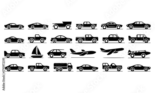 Transportation, vehicle icon set. Vector glyph pictograms of travel, logistics, public transit concepts, car, train, bus, bicycle, boat, and airplane black silhouette illustration.