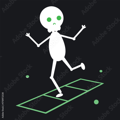 Glowing skeleton plays hopscotch fun
