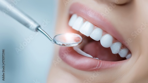 Close up of bright white teeth being examined with dental mirror symbolizing oral health hygiene cosmetic dentistry and professional dental care, Generative AI