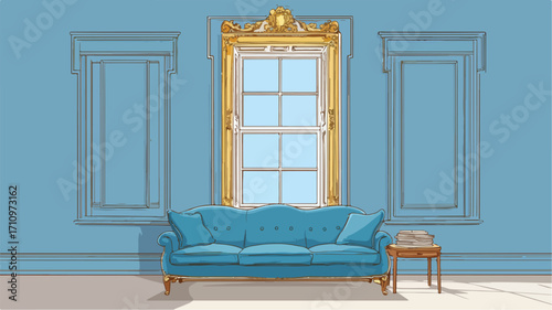 Modern Living Room with Blue Couch and Large Window for Interior Design Inspiration