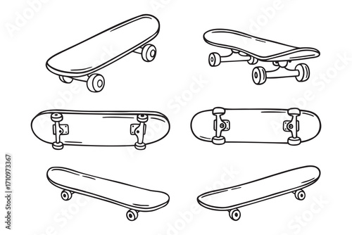 skateboards doodle hand drawn icon set. Outline drawing skateboard line clipart symbol collection of skateboarding 