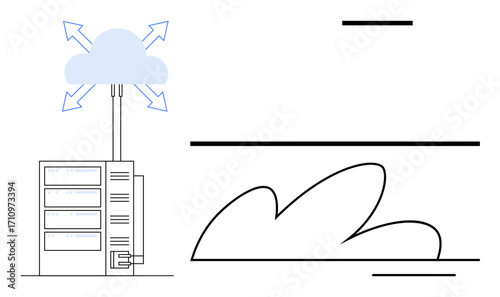 Server connected to a cloud with arrows illustrating data flow, representing online storage, data transfer, and networking. Ideal for technology, IT, innovation, connectivity, efficiency cloud