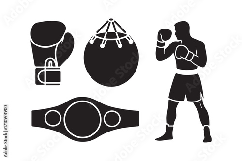 Boxing silhouette icons featuring fighter gloves punching bag and championship belt
