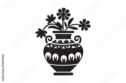Black silhouette of an ornate vase filled with flowers