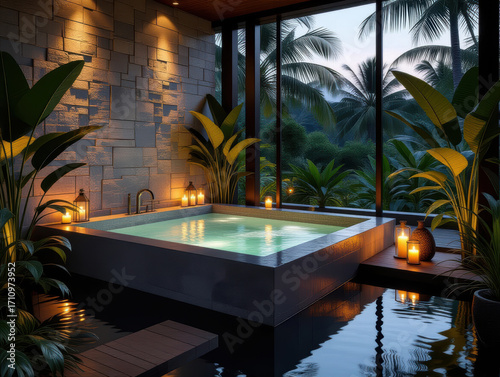 Relaxing evening in a tranquil spa surrounded by lush greenery at dusk