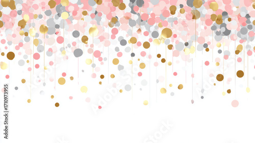 Colorful confetti shower with pink, gold, and gray dots against white background