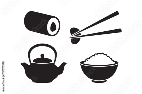 Black silhouette icons of japanese food and drink elements