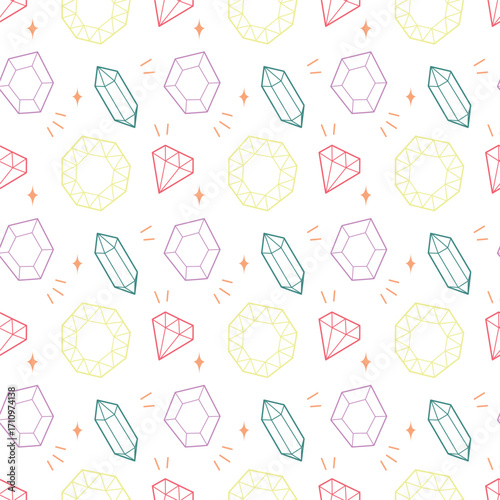 Seamless Gemstone and Diamond Pattern with Colorful Faceted Crystal Shapes