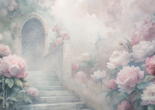 Pastel Pink Rose Garden Pathway to a Doorway watercolor illustration