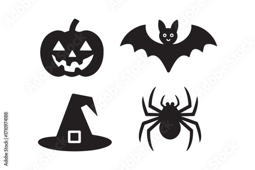 Halloween icons pumpkin bat witch hat and spider silhouettes