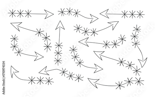 Hand drawn arrows with star accents pointing in various directions on white page