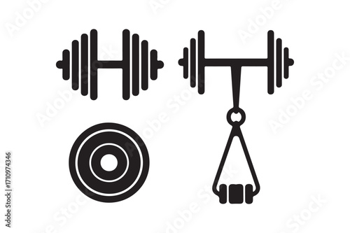 Simple black icons representing weightlifting equipment and exercise