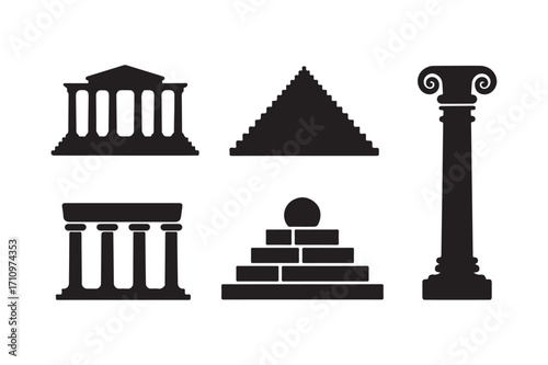 Silhouettes of ancient architectural structures and columns