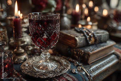 Stunning jeweled goblet glowing with candlelight high resolution image