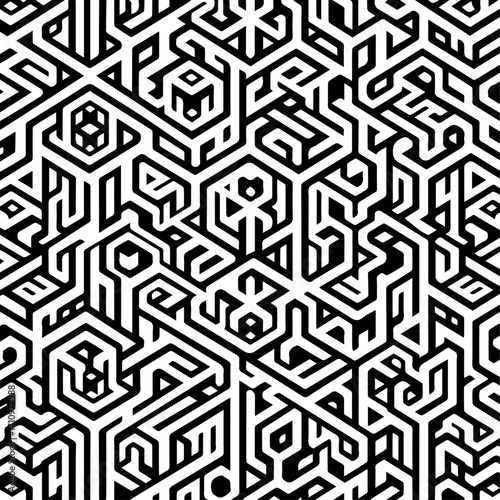 Black and white abstract geometric electronic circuit maze vector seamless pattern for design and decoration