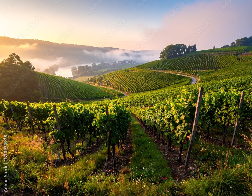 Fototapeta premium Vineyard landscape at sunrise with rolling hills