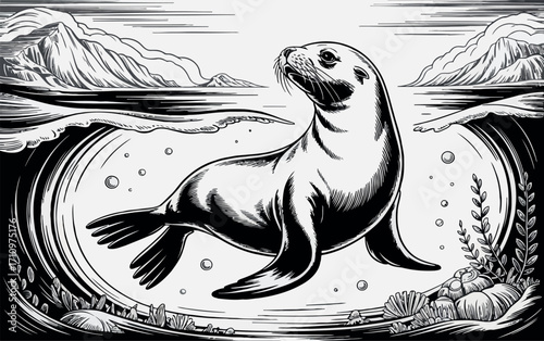 This illustration features a graceful sea lion swimming underwater, surrounded by stylized waves and faint underwater flora. 