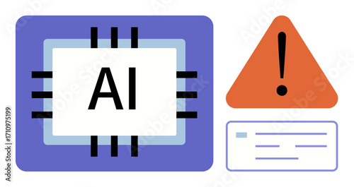 AI processor chip alongside triangular warning sign and text message box, implying technology risks, system alerts, or errors. Ideal for AI, cybersecurity, machine learning, risk, disruption