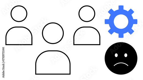 Three outlined figures, a blue gear, and a sad face symbolizing teamwork, frustration, and productivity barriers. Ideal for communication, management, conflict resolution, problem-solving strategy