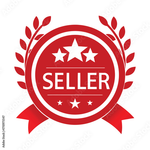 Seller badge vector design with laurel wreath and ribbon, award emblem, promotional retail business label, advertising sticker, marketing product symbol, achievement sign template illustration