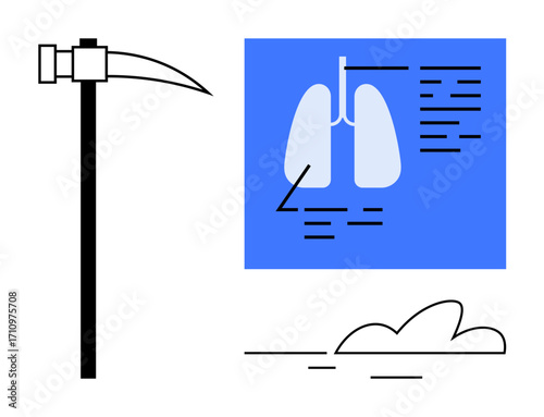Mining pickaxe, illustrated lung health graphic, and dust cloud combining to emphasize occupational hazard awareness. Ideal for health, safety, environment, mining, education, policy prevention