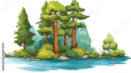 Serenity of Forest: Lush Trees and Calm Water Illustration