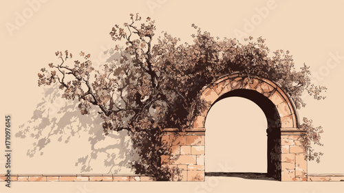 Majestic Stone Archway Covered in Vines Silhouetted Against the Sky