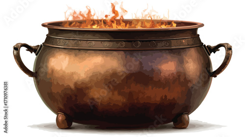 Vintage Copper Pot Cauldron Over Flames Isolated on White Background