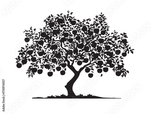 Elegant apple tree silhouette with hanging ripe fruits