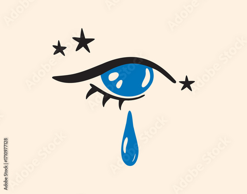 crying eye with tear hand drawn rerto 70s style poster art. sadness crying eye icon isolated, beautiful female eye and blue tear