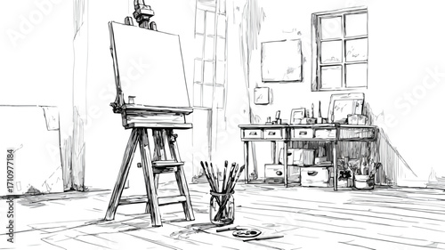 Professional Artist Studio Setup with Easel, Brushes, and Hand Sketching