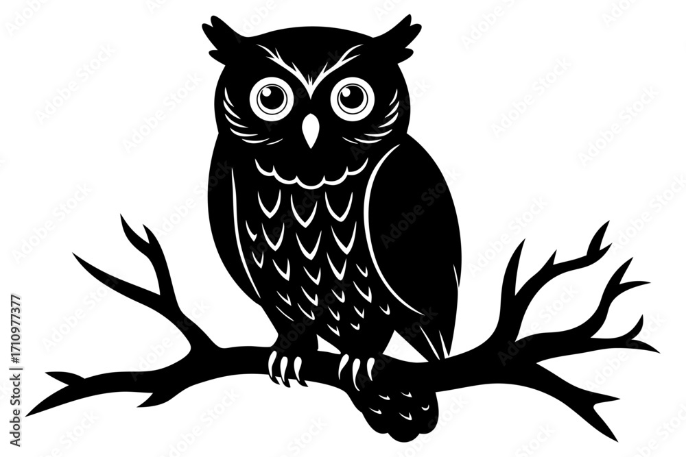 Fototapeta premium A wise owl sitting on a tree branch at night