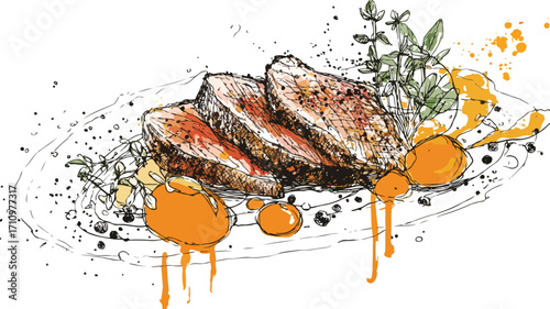 Elegant Gourmet Duck Breast Sketch with Orange Slices for Culinary Concept