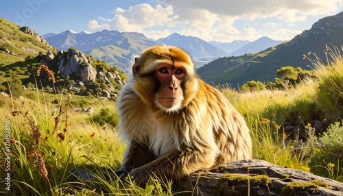 A serene, golden-hued monkey rests amidst a picturesque mountain meadow, bathed in warm sunlight.