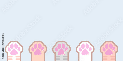 Cat paw different colors tabby vector background. Kitten footprint logo, icon, banner in pastel colors. Kawaii cute doodle vector illustration isolated on blue background.
