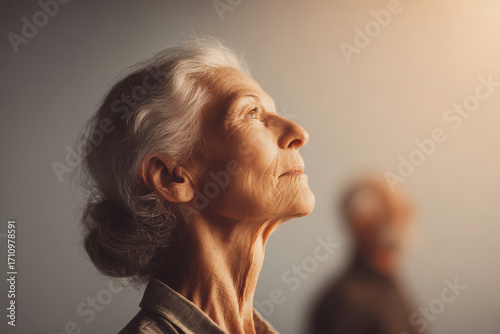 Wallpaper Mural elderly woman gazes upward her expression softening as warm tears evoke sense of relief Torontodigital.ca