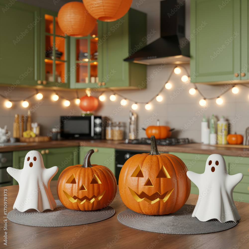 Obraz premium Festive Halloween Scene with Jack O Lanterns and Ghost Figurines in a Cozy Kitchen