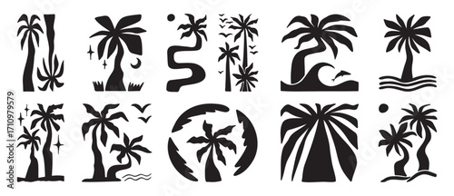 Doodle hand drawn palms boho trendy bold silhouette elements, hippie palm tree poster icon set