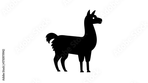 Silhouette of a llama standing with a fluffy tail and long neck in a simple black and white drawing