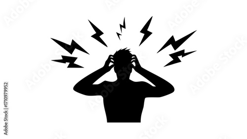 Silhouette of a person with hands on head surrounded by lightning bolts in black and white design