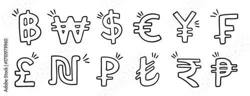 currency hand drawn doodle symbol set. Outline drawing different currency stroke line clipart symbol collection