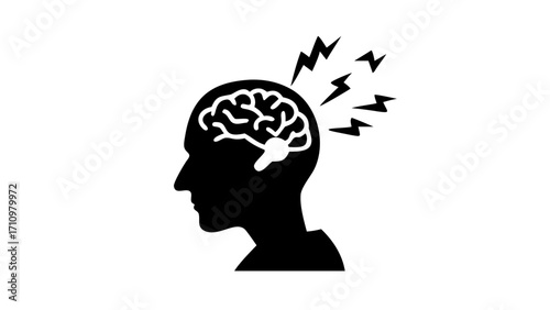 Silhouette of head with brain exposed and lightning bolts indicating pain or mental distress shown