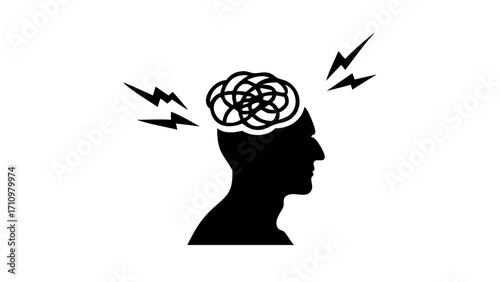 Silhouette of head with tangled brain and lightning bolts representing mental stress and anxiety state