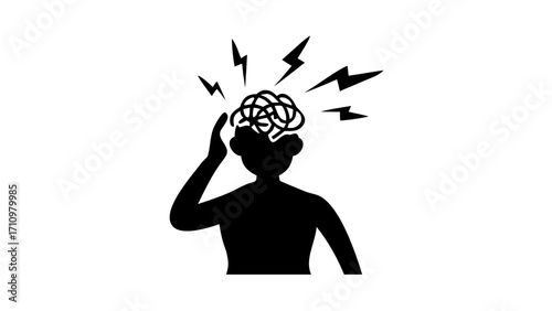 Silhouette of a person with a tangled brain and lightning bolts indicating a headache or mental stress