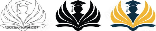 Abstract education logo with graduating student, open book, and wings vector 