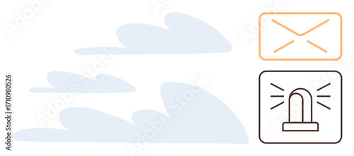 Envelope and alert siren icon beside minimalist cloud shapes. Ideal for email, notification, cloud computing, emergency alert, digital messaging, technology, connectivity themes. Simple flat metaphor