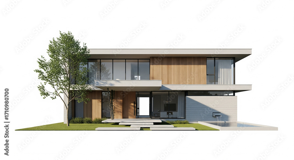 Fototapeta premium Modern Two-Story Family House with Wood Accents and Tree on Isolated transparent background