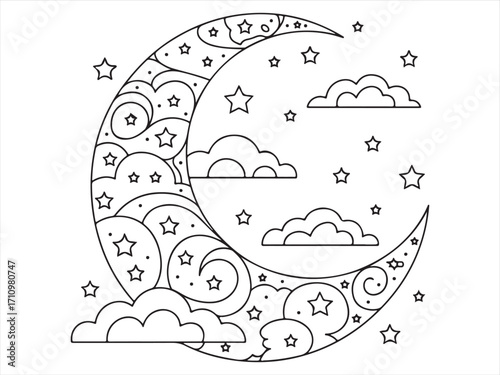 Editable line style moon and stars illustration with clouds and celestial decorative night sky pattern
