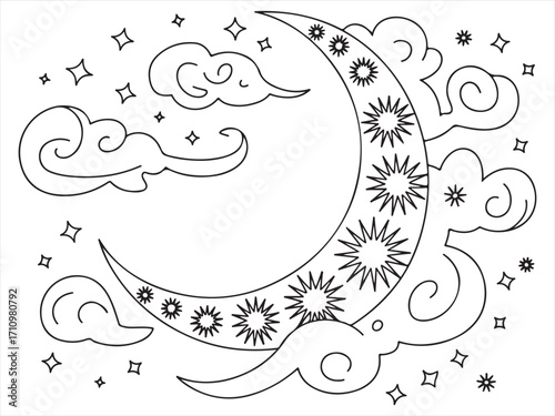 Editable line style moon and stars illustration with clouds, celestial sky pattern, night decorative design, cosmic art sketch for astronomy, astrology, spiritual, fantasy, mystical themes, and colori